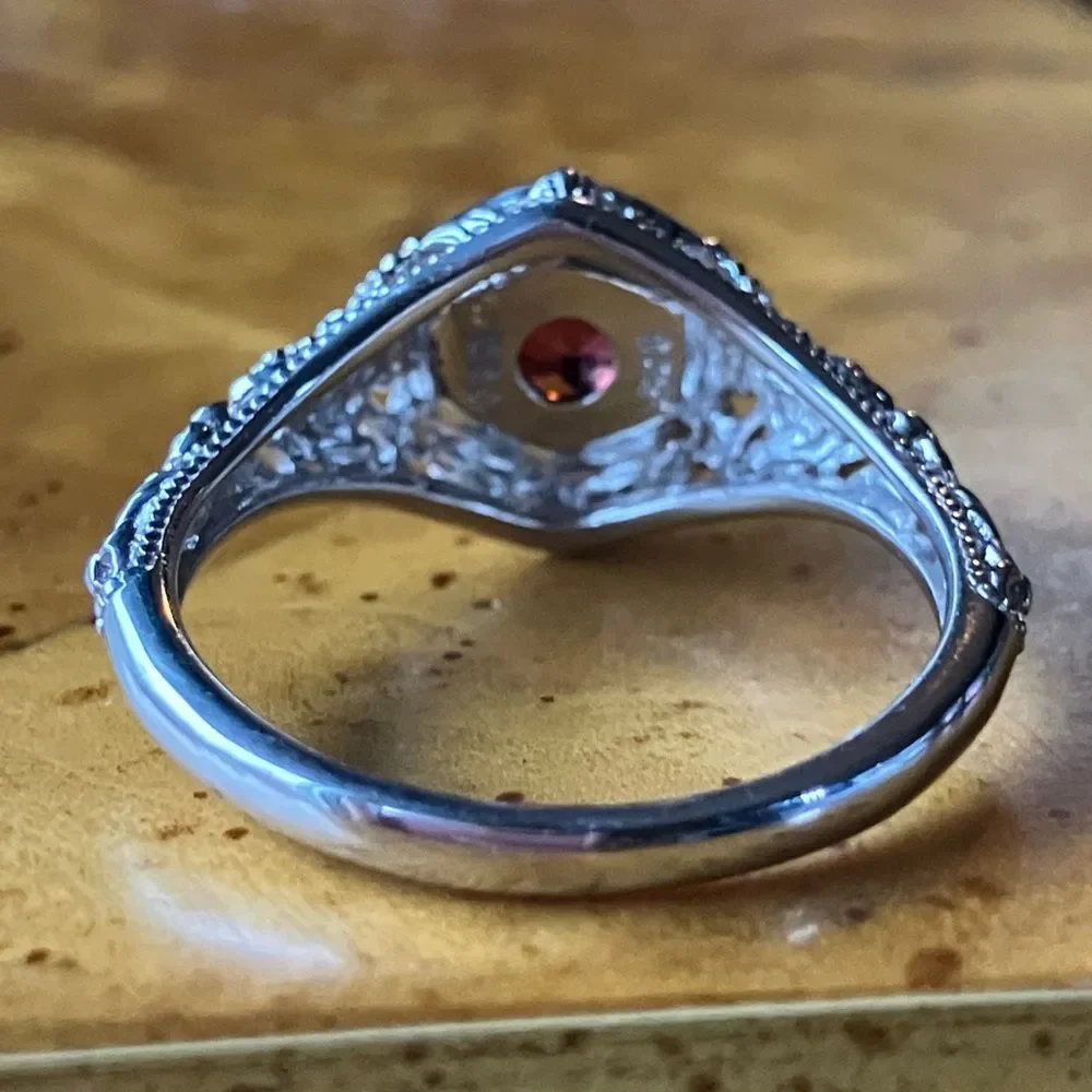 Natural Red Garnet Sterling Silver Art Deco Ring Size 9